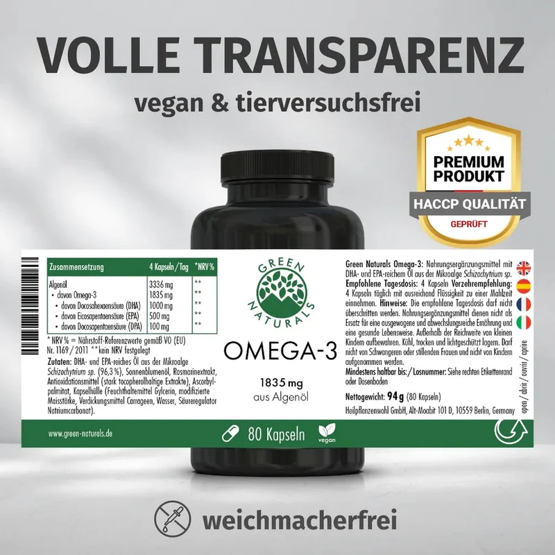 Omega 3 Algenöl Kapseln • 1.000 mg DHA • 500 mg EPA