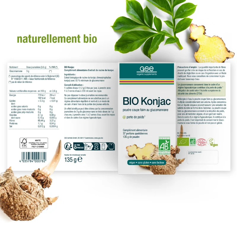 Poudre de satiété au glucomannane de Konjac BIO