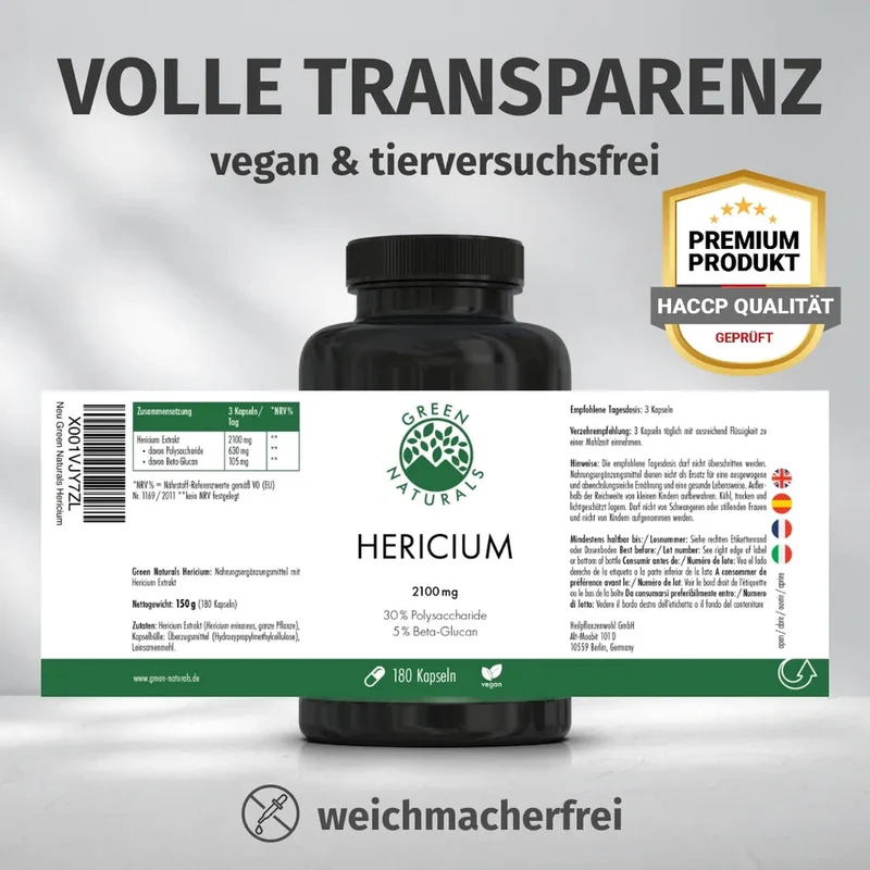 Hericium (Löwenmähne) Kapseln • 2.100 mg • 630 mg Polysaccharide