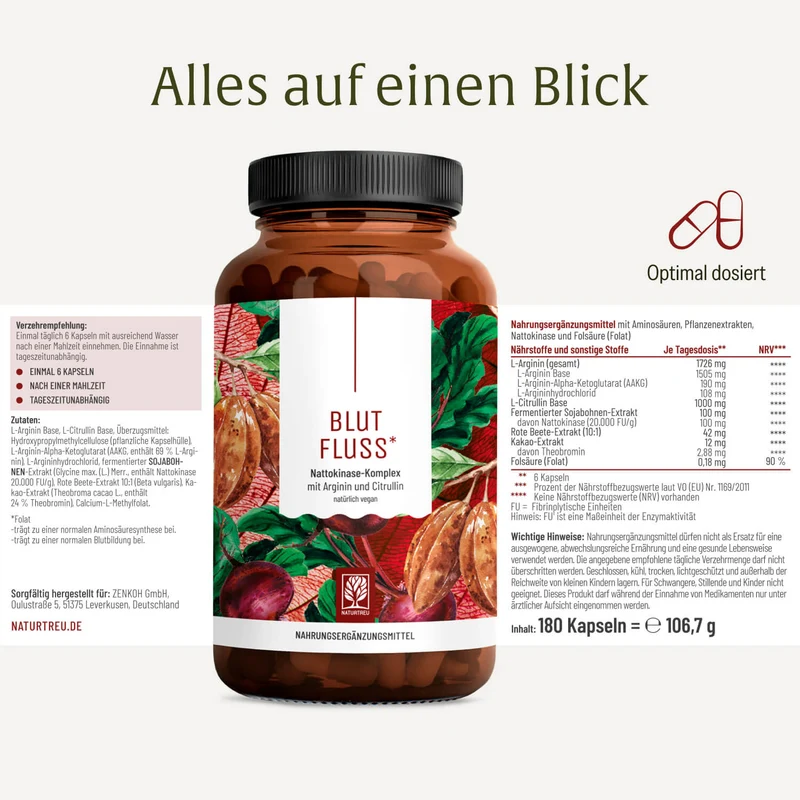Blutfluss: Nattokinase-Komplex mit Arginin und Citrullin