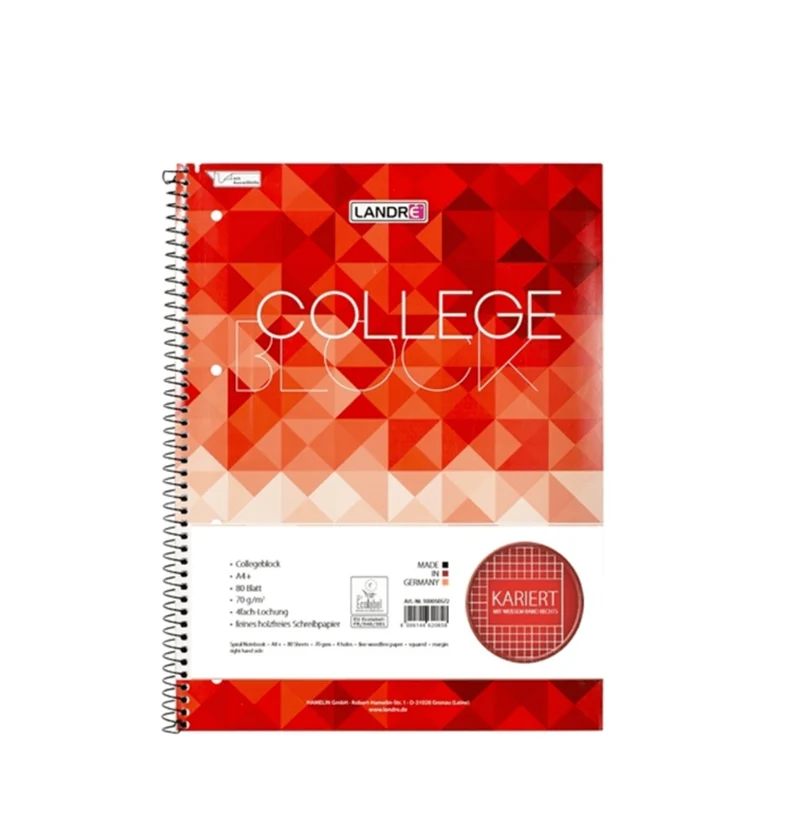 LANDRÉ Collegeblock | A4 | Abriss | 80 Blatt | 70 g/m² | 4-fach gelocht | kariert mit Rand rechts & links