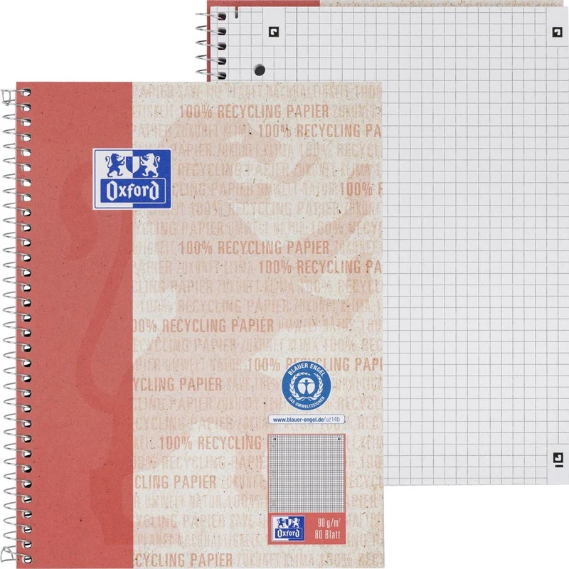 Oxford Recycling Collegeblock A5 | 80 Blatt | kariert mit Rand links | 6-fach gelocht
