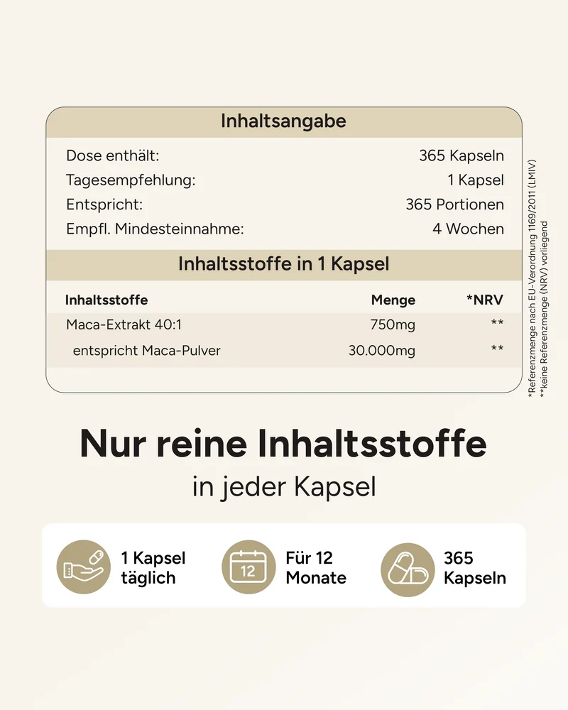 Maca 30.000 - 750mg Maca 40:1 Extrakt pro Kapsel