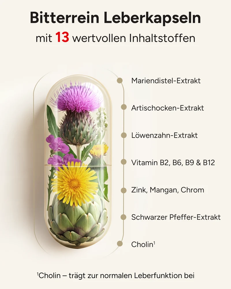 Bitterrein - Leberkapseln mit 13 Inhaltstoffen