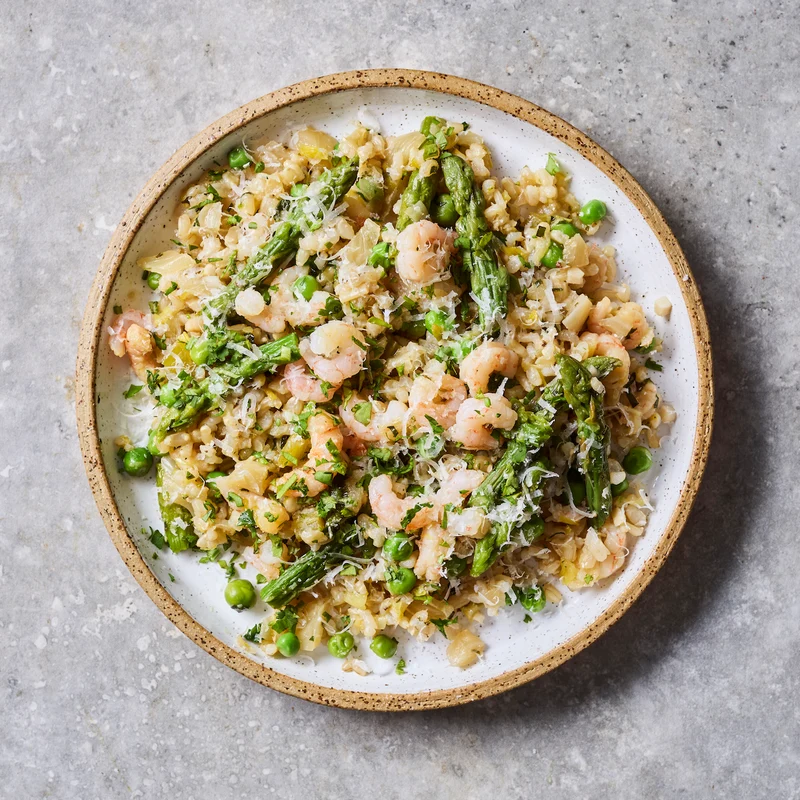 Prawn, Herb, Pea + Asparagus Risotto (Mediterranean)