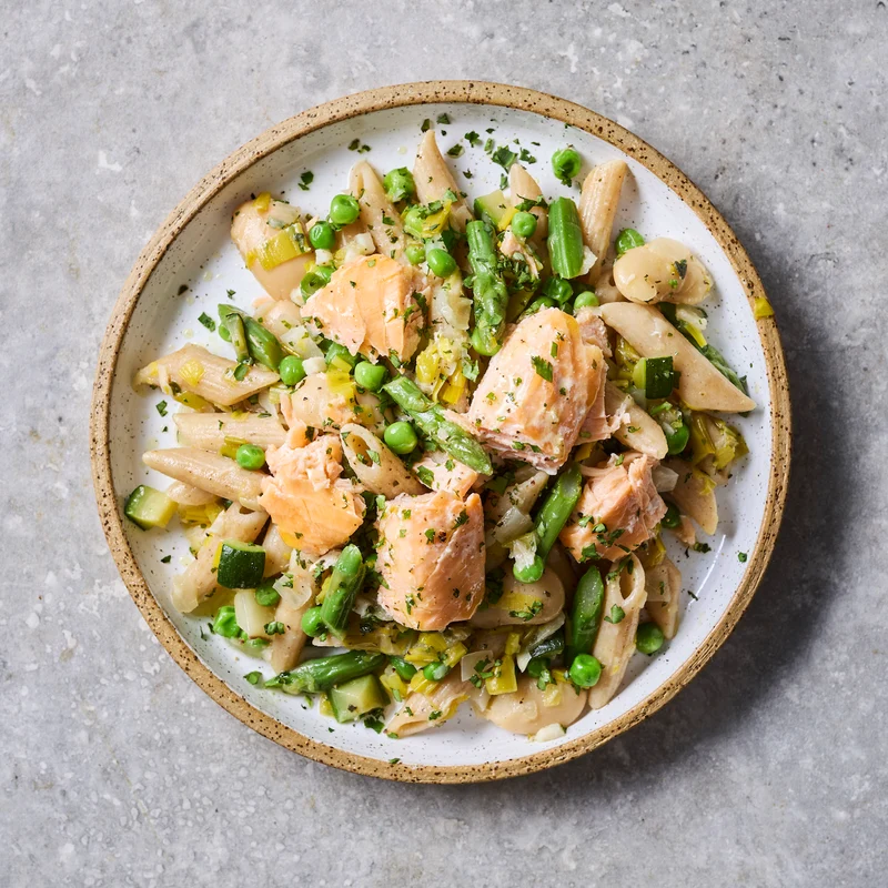Salmon, Pea + Asparagus Pasta (Mediterranean)