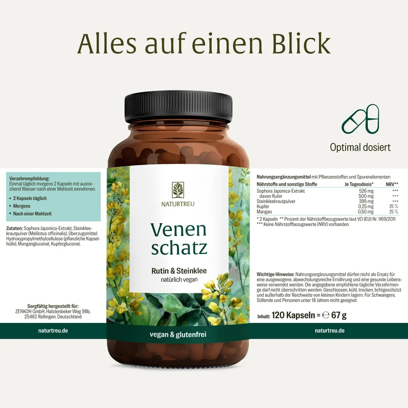Venenschatz: Rutin & Steinklee Kapseln mit essenziellen Spurenelementen