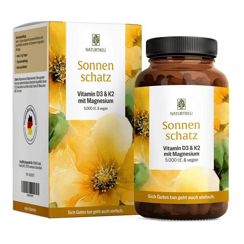 Sonnenschatz: Veganes Vitamin D3 5.000 I.E. mit K2 & Magnesium (5 Tage Depot)
