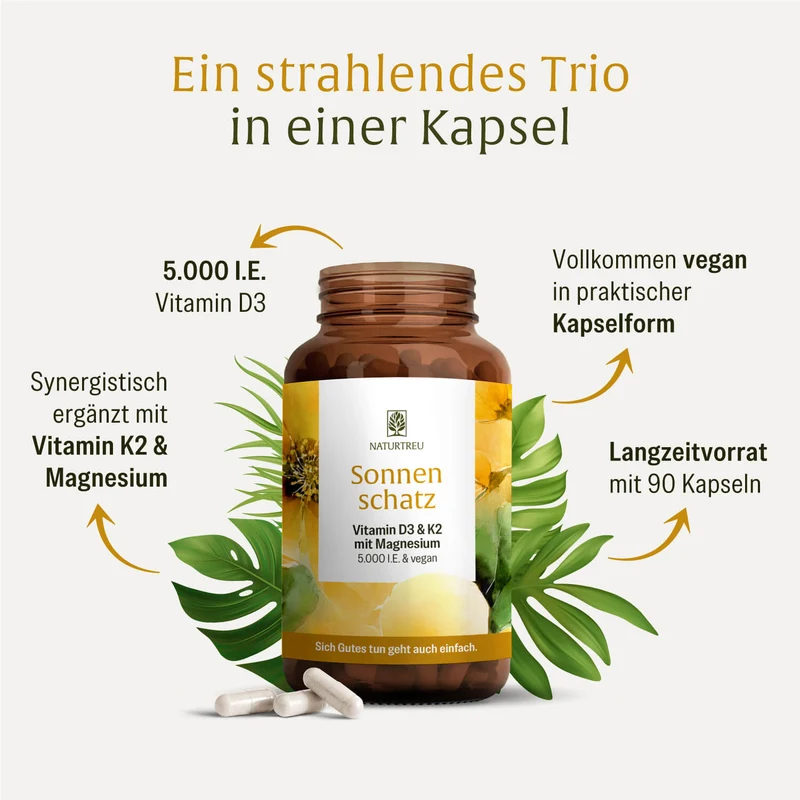 Sonnenschatz: Veganes Vitamin D3 5.000 I.E. mit K2 & Magnesium (5 Tage Depot)