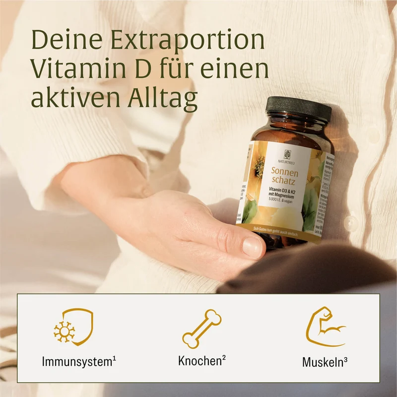 Sonnenschatz: Veganes Vitamin D3 5.000 I.E. mit K2 & Magnesium (5 Tage Depot)
