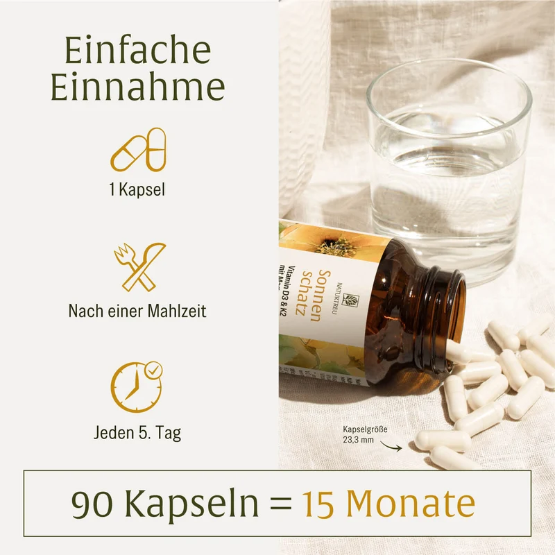 Sonnenschatz: Veganes Vitamin D3 5.000 I.E. mit K2 & Magnesium (5 Tage Depot)