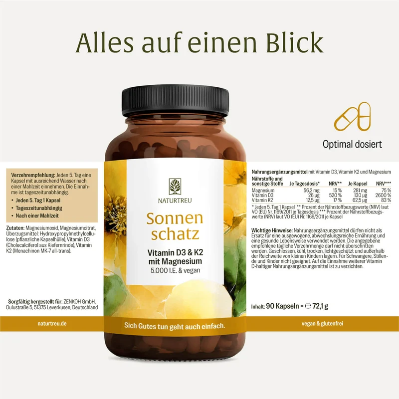 Sonnenschatz: Veganes Vitamin D3 5.000 I.E. mit K2 & Magnesium (5 Tage Depot)