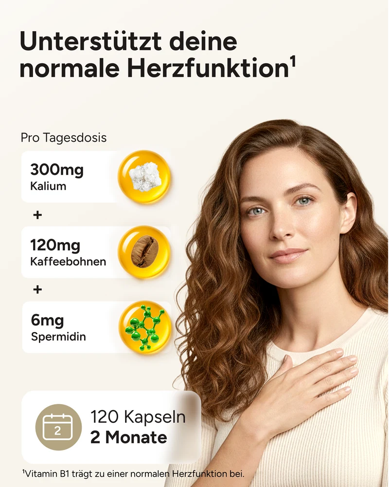 Spermidin Kaffeeherz - 6mg Spermidin mit 300mg Kalium pro Tag