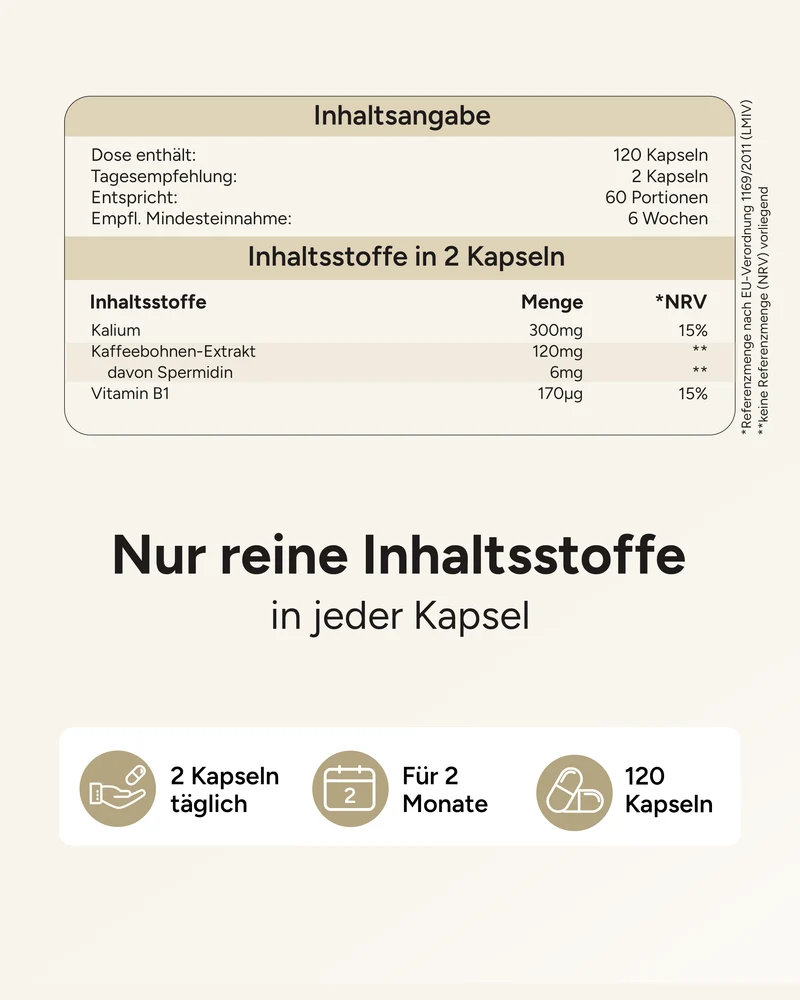 Spermidin Kaffeeherz - 6mg Spermidin mit 300mg Kalium pro Tag