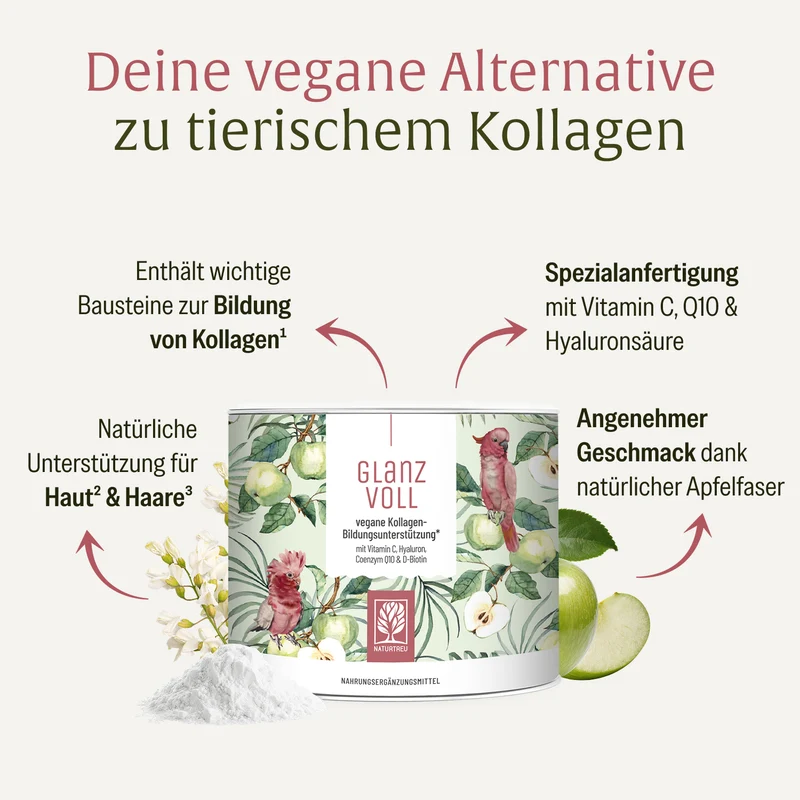Glanzvoll: Vegane Kollagen-Bildungsunterstützung* mit Vitamin C, Hyaluron, Q10 & D-Biotin