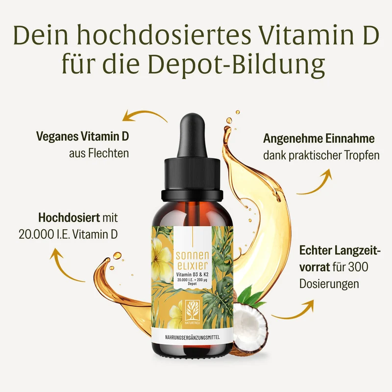Vitamin D3 & K2 Tropfen Depot für Erwachsene (20.000 I.E.) - Sonnenelixier