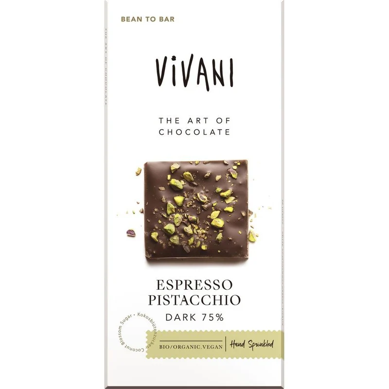 Vivani Chocolade puur 75% espresso pistacchio bio 80 gram