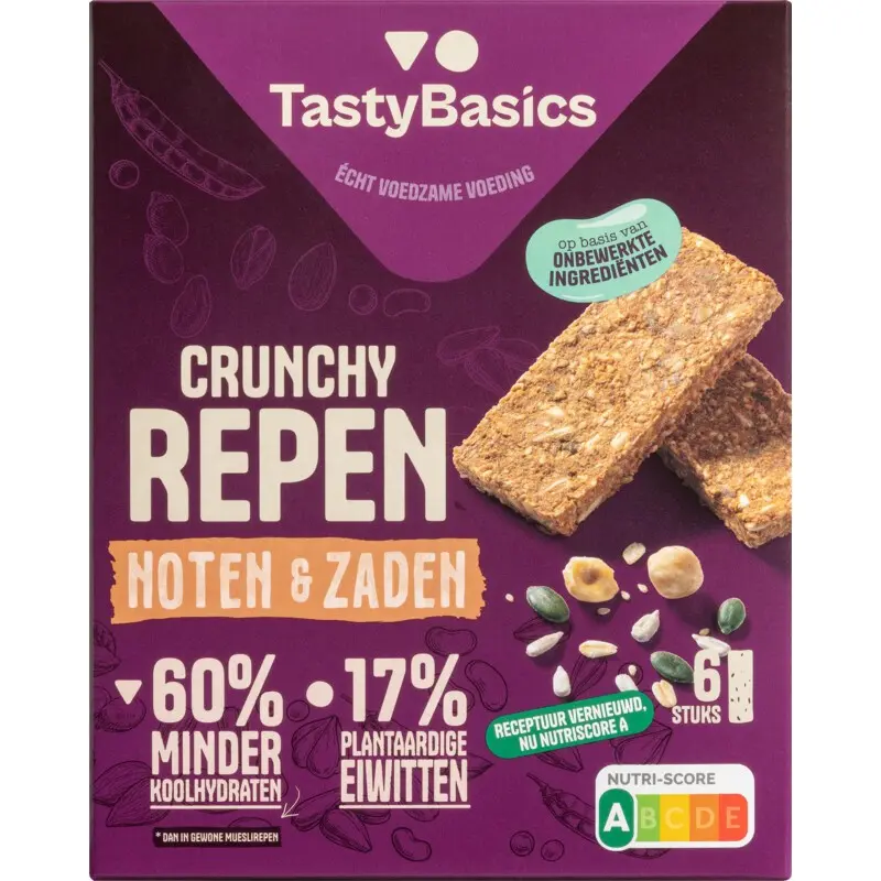 Tastybasics Crunchy less carb repen noten & zaden 138 gram