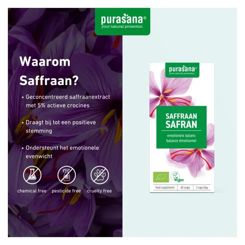 Purasana saffraan extract 15 mg biologisch 60 vcaps
