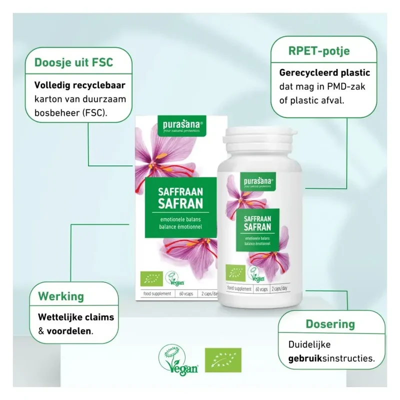 Purasana saffraan extract 15 mg biologisch 60 vcaps