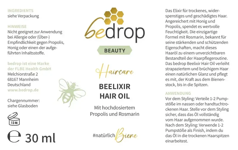 BEELIXIR HAIR OIL / Haaröl mit Manuka Honig, Propolis und Rosmarinextrakt - 30ml