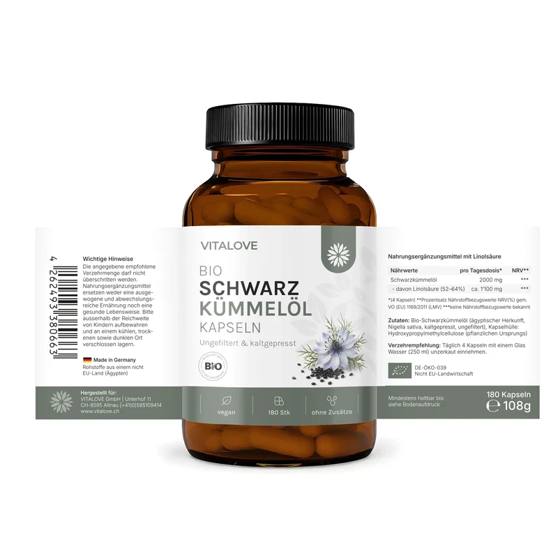 Bio Schwarzkümmelöl Kapseln – ungefiltert & kaltgepresst – 180 Kapseln