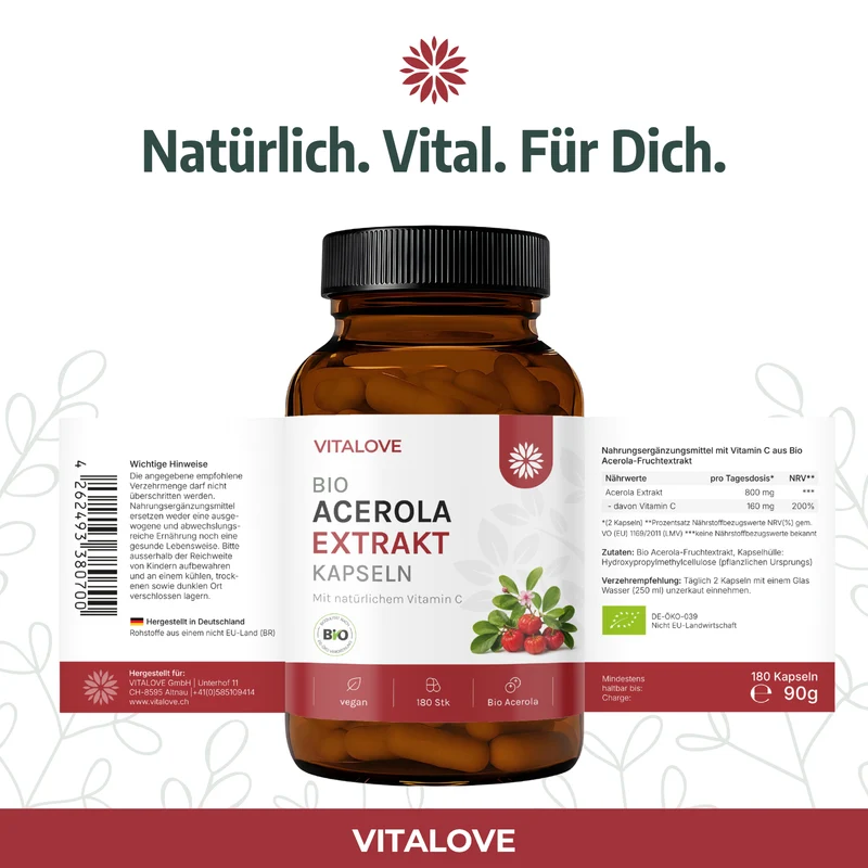 Natürliches Vitamin C Kapseln - Bio Acerola Extrakt - 180 Kapseln
