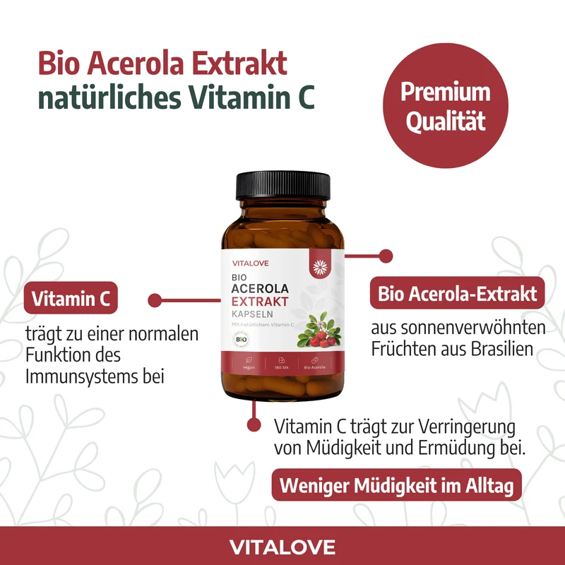 Natürliches Vitamin C Kapseln - Bio Acerola Extrakt - 180 Kapseln