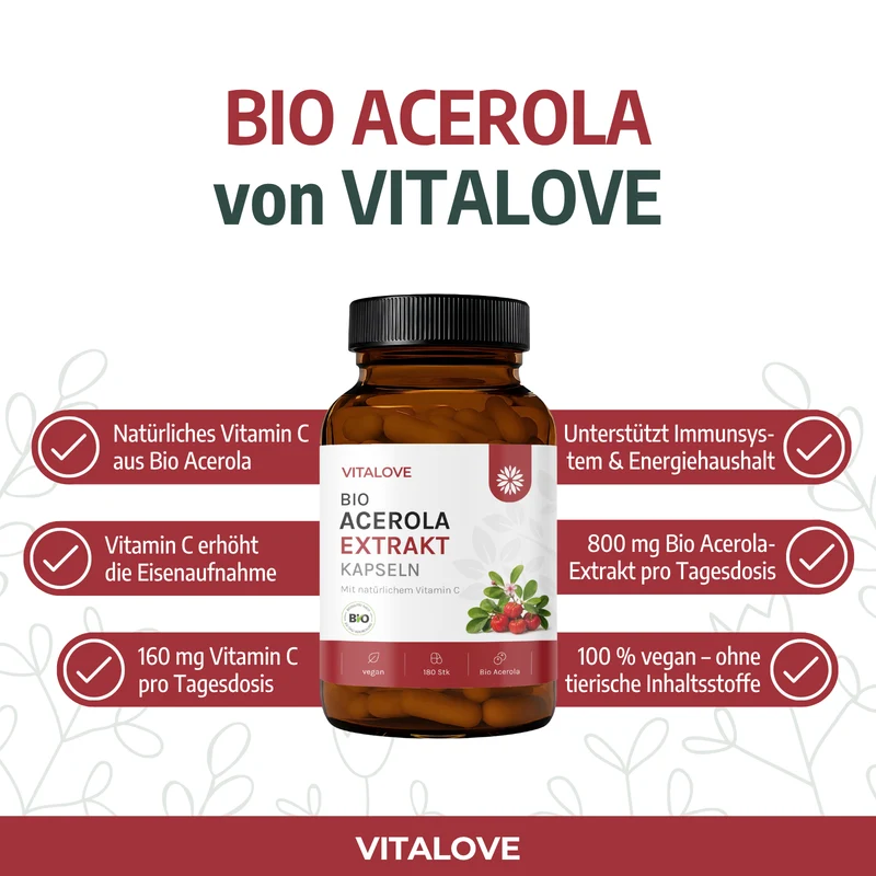 Natürliches Vitamin C Kapseln - Bio Acerola Extrakt - 180 Kapseln