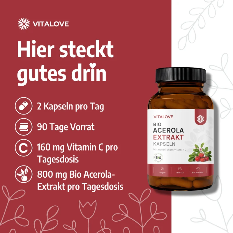 Natürliches Vitamin C Kapseln - Bio Acerola Extrakt - 180 Kapseln