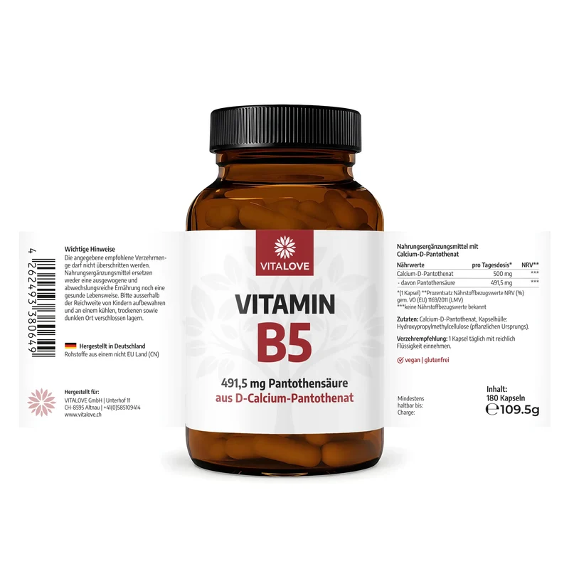 Vitamin B5 Kapseln (Pantothensäure) – 180 Kapseln