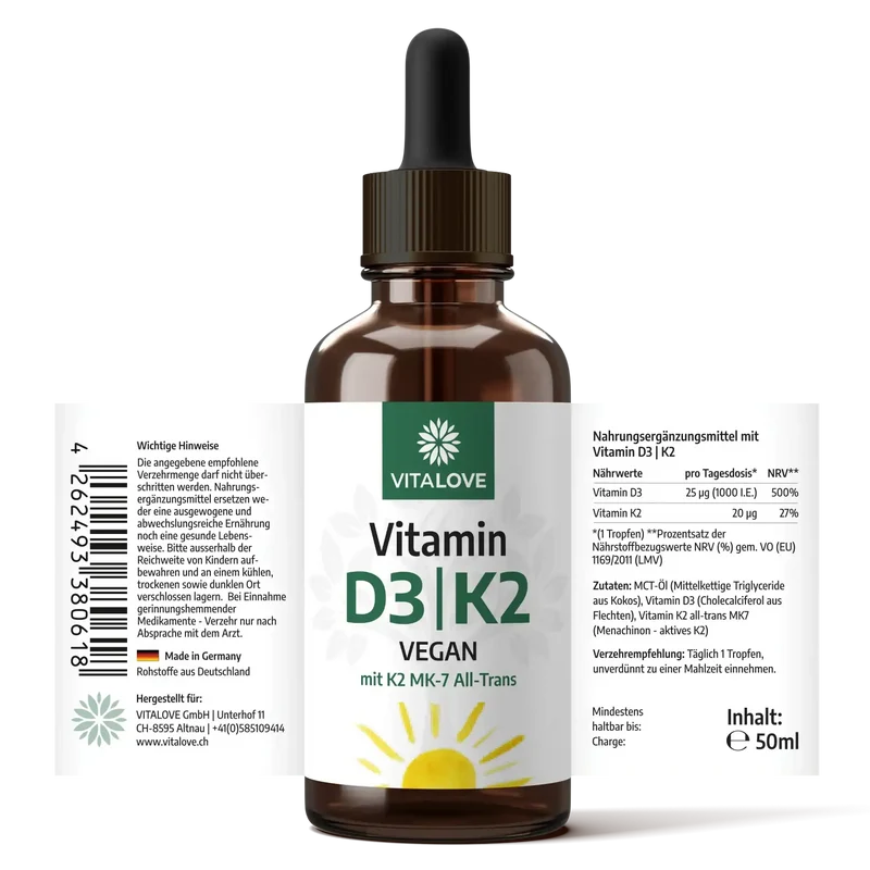 Vegane Vitamin D3 K2 Tropfen aus Flechten – 50 ml