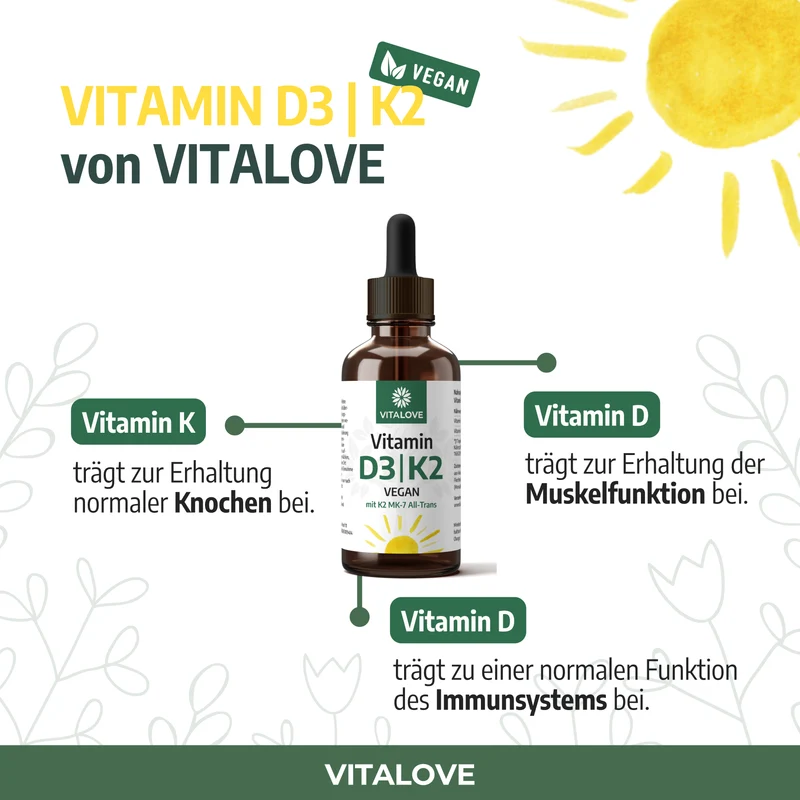 Vegane Vitamin D3 K2 Tropfen aus Flechten – 50 ml
