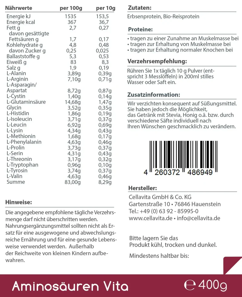 Bio Aminosäuren Vita (natürliche Aminosäuren & Proteine) 400g Vorratsbeutel