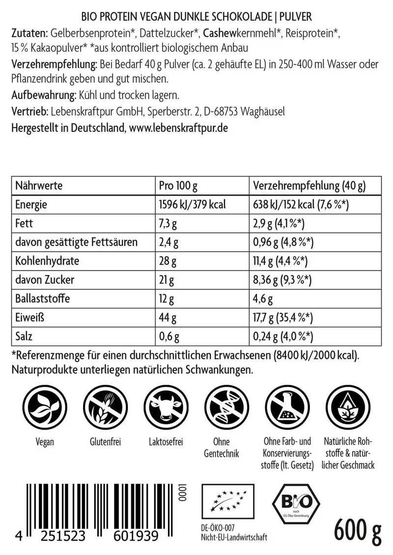 Bio Protein Vegan Dunkle Schokolade Pulver