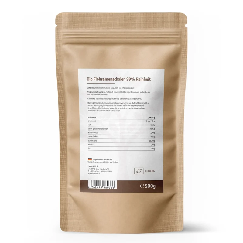 Bio Flohsamenschalen ganz (99% Reinheit) – 500 g