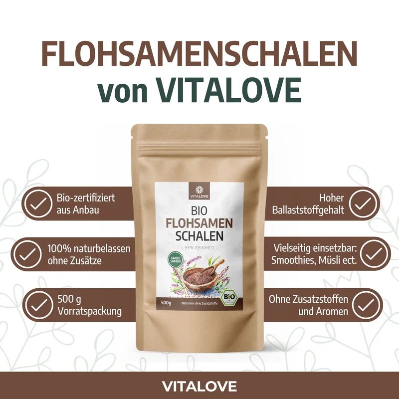 Bio Flohsamenschalen ganz (99% Reinheit) – 500 g