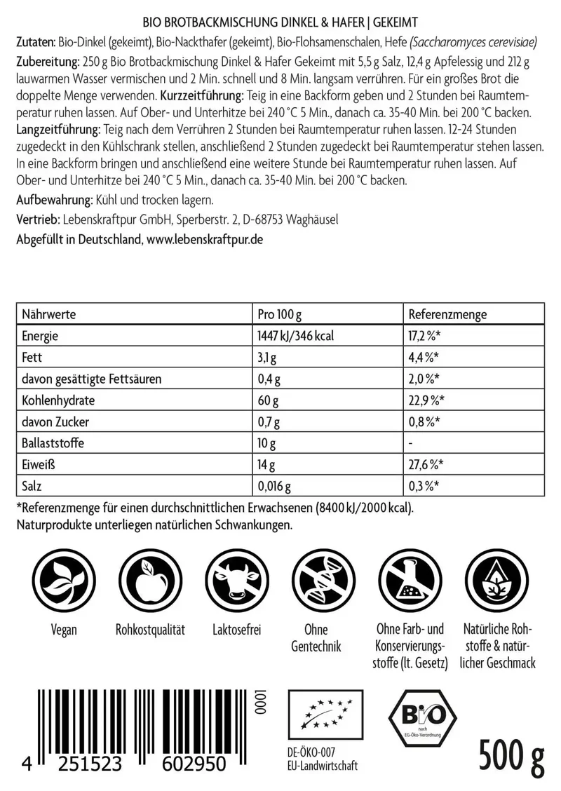 Bio Brotbackmischung Dinkel & Hafer Gekeimt