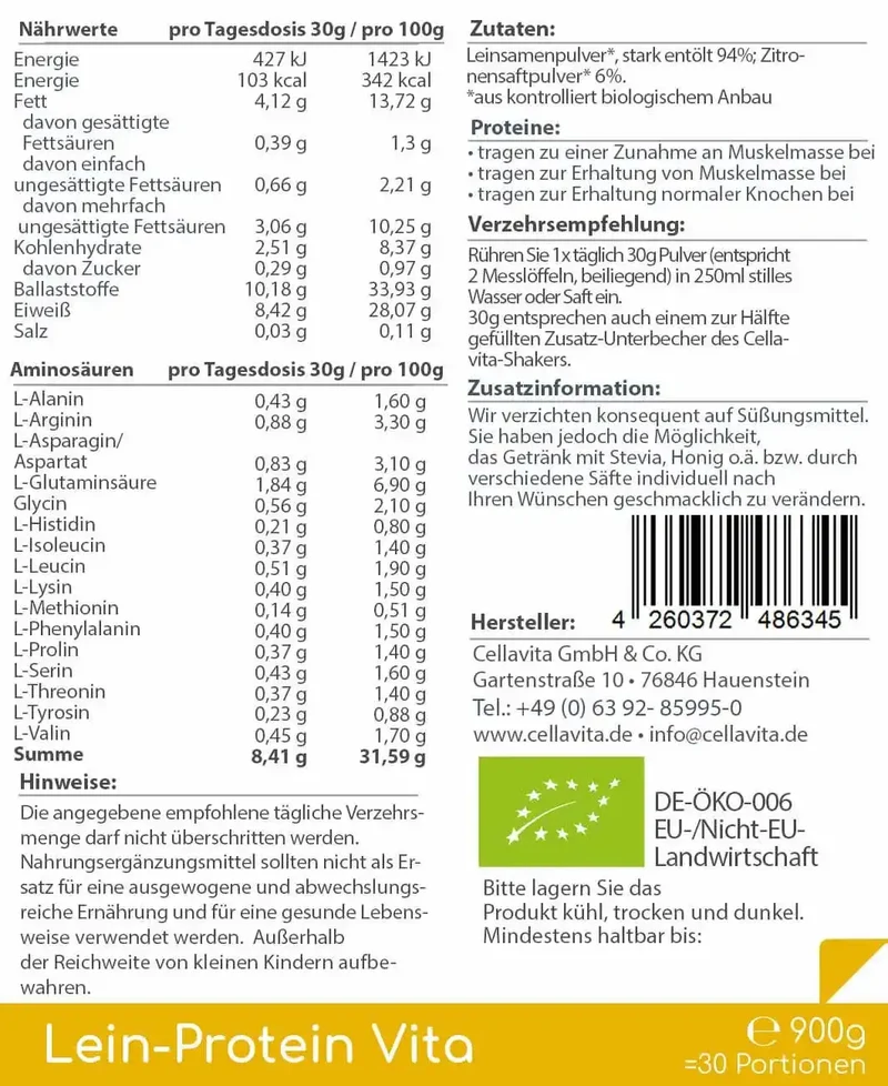 Bio Lein-Protein (natürlicher Proteinshake) - 30 Portionen - 900g