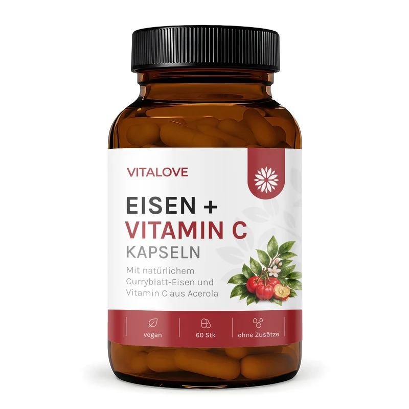Eisen + Vitamin C Kapseln - Natürlich aus Curryblatt & Acerola Extrakt - 60 Kapseln