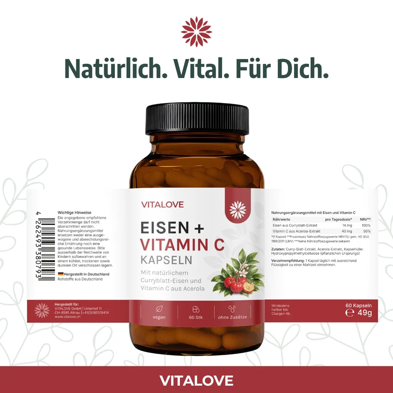 Eisen + Vitamin C Kapseln - Natürlich aus Curryblatt & Acerola Extrakt - 60 Kapseln