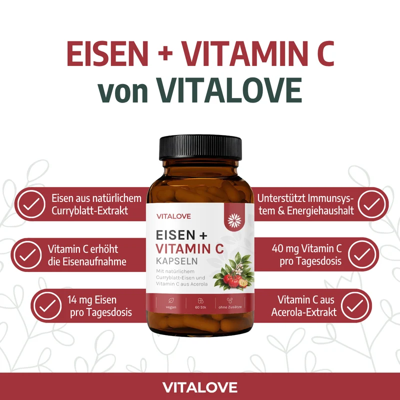 Eisen + Vitamin C Kapseln - Natürlich aus Curryblatt & Acerola Extrakt - 60 Kapseln