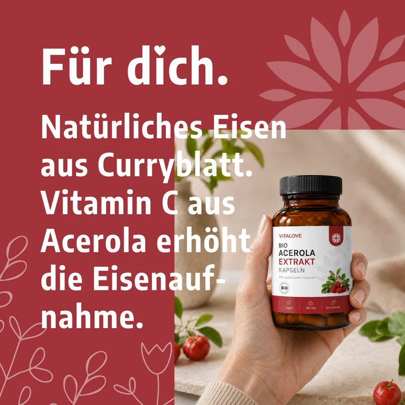 Eisen + Vitamin C Kapseln - Natürlich aus Curryblatt & Acerola Extrakt - 60 Kapseln