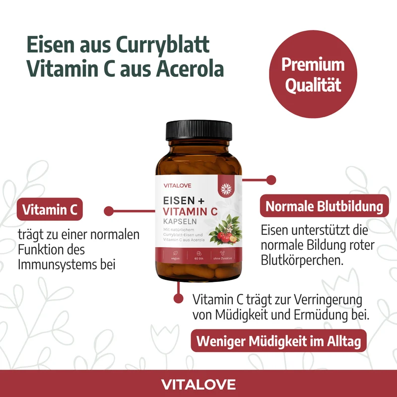 Eisen + Vitamin C Kapseln - Natürlich aus Curryblatt & Acerola Extrakt - 60 Kapseln