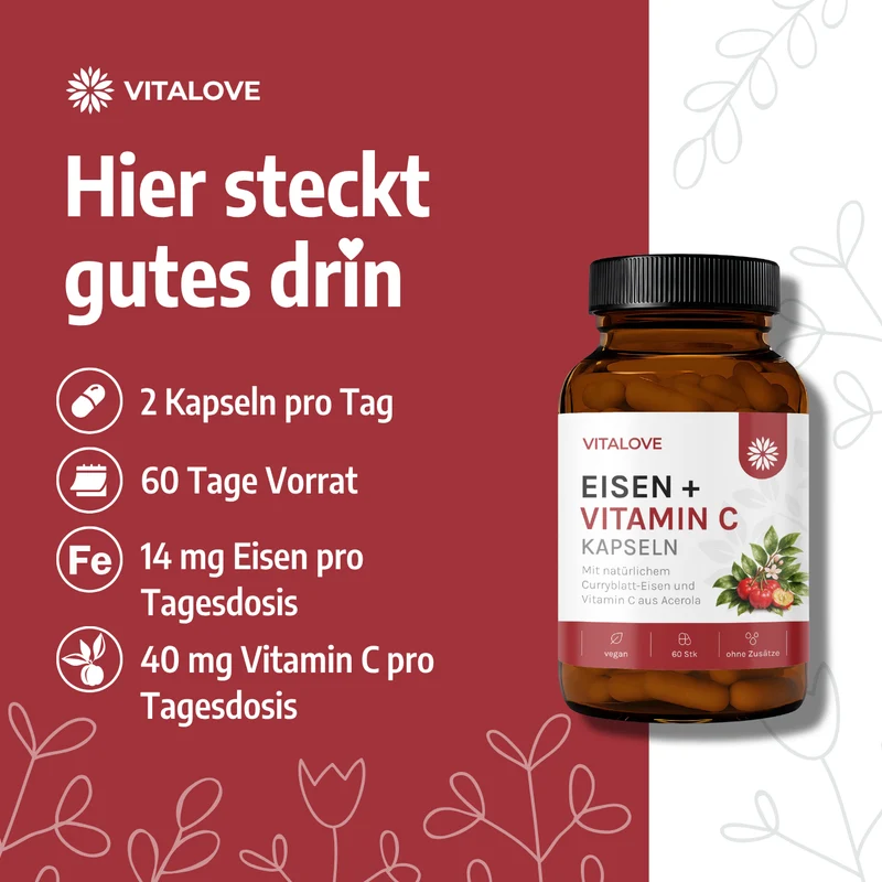Eisen + Vitamin C Kapseln - Natürlich aus Curryblatt & Acerola Extrakt - 60 Kapseln
