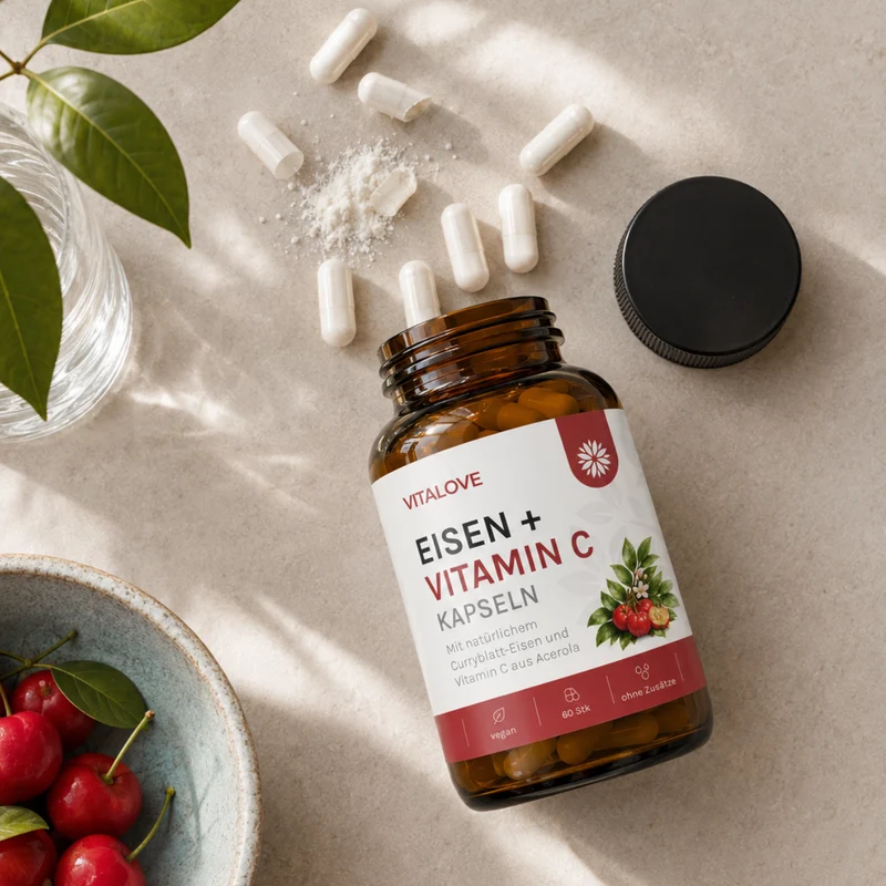 Eisen + Vitamin C Kapseln - Natürlich aus Curryblatt & Acerola Extrakt - 60 Kapseln