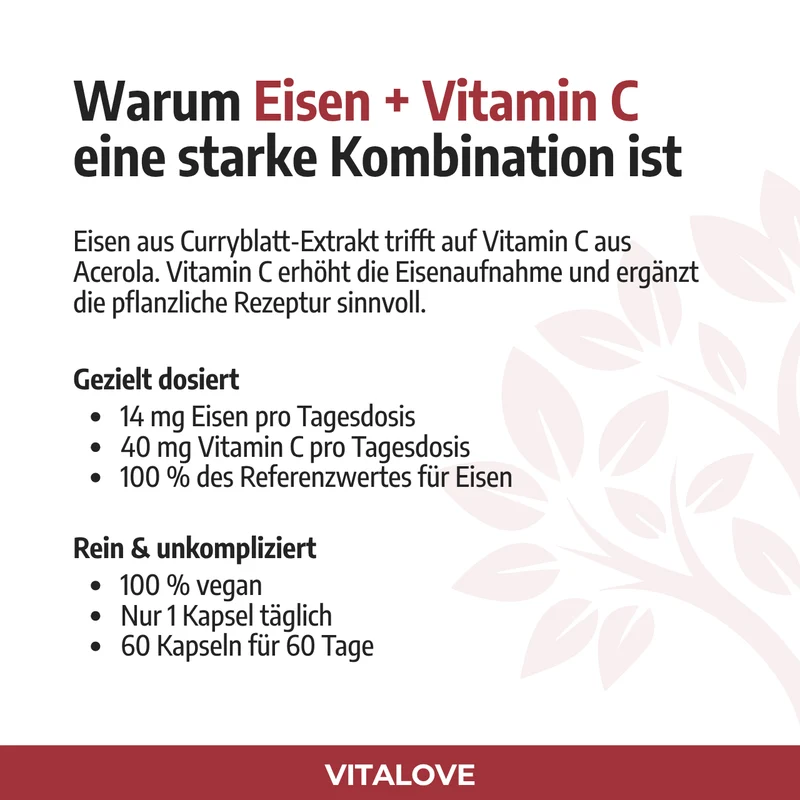 Eisen + Vitamin C Kapseln - Natürlich aus Curryblatt & Acerola Extrakt - 60 Kapseln