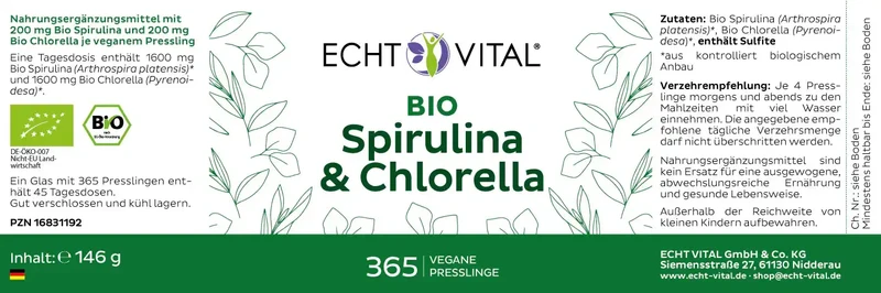 Bio Spirulina und Chlorella - Glas mit 365 Presslingen
