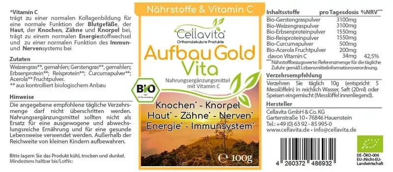 Bio Aufbau-Gold Vita - Knochen Haut Zähne mit Gerstengras und Acerola-Kirsche