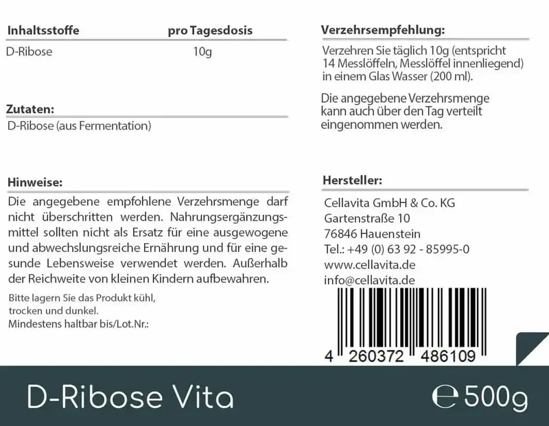 D-Ribose Vita Pulver 500g Vorratsbeutel